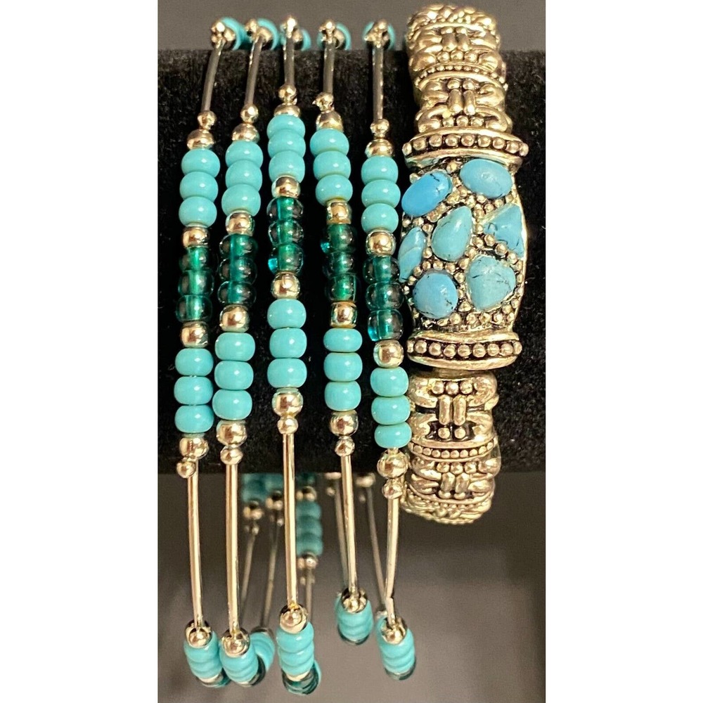 Turquoise Blue Silver Tone Stackable Bracelet Set - image 1